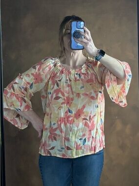 Zac & Rachel Coral, Yellow & Cream Floral Off-Shoulder Blouse
